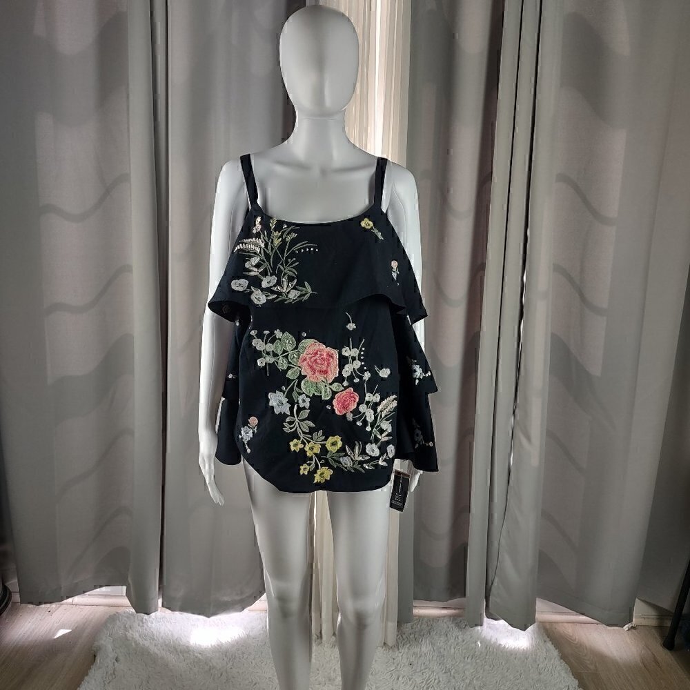 INC International Concepts Embroidered Bell Sleeves Cold Shoulder Top Sz L (NWT)